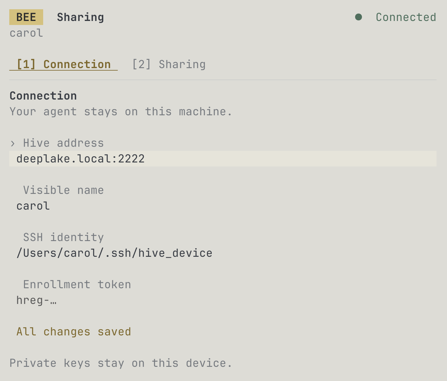 herdr bee 插件的连接配置界面,填写 hive address、visible name、SSH identity 和 enrollment token